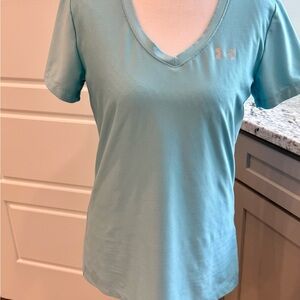 Under Armour HeatGear V Neck Tee Blue Womens Small Loose Fit Athletic